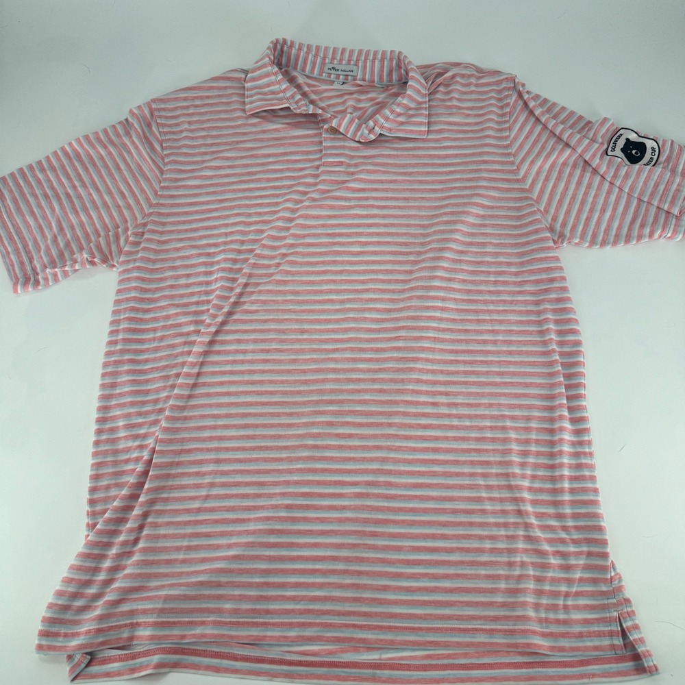 Peter Millar Mens XL Polo Shirt Pink Blue Striped Golfweek Rater Cup Bear Patch